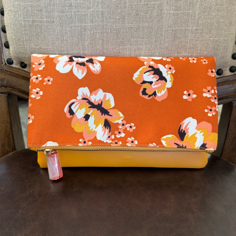 Reversible Rachel Pally Zahara Clutch Purse Orange & Yellow Retro Floral Print